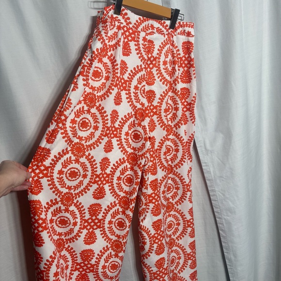 Boho Chic Orange & White Floral Print High Waisted Wide Leg Flowy Palazzo M - Picture 6 of 7